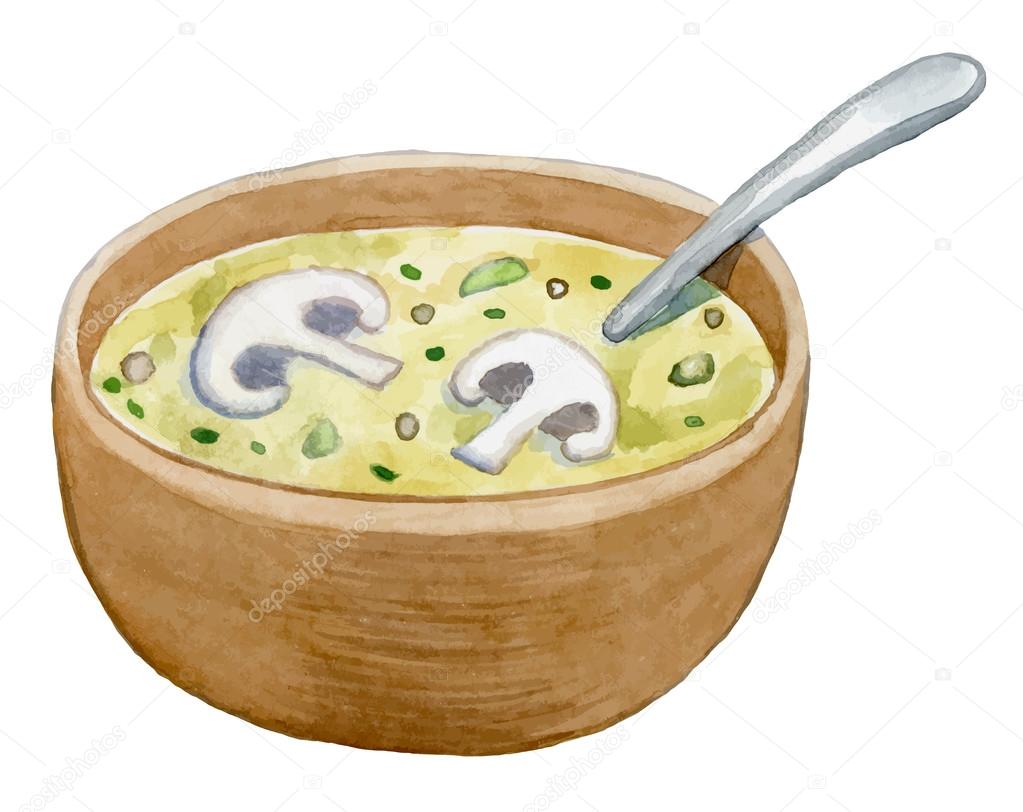 clay bowl with mushroom cream soup - watercolor vector drawing