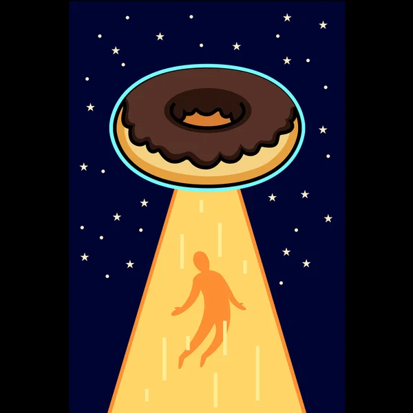 Donut volant ovni prend l'homme dans le faisceau de lumière — Image vectorielle