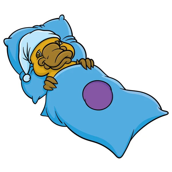 Cartoon platypus sleeps in bed — Stock Vector