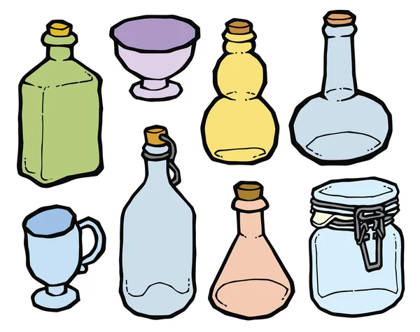 Glass jars and bottles with cork — Stock Vector