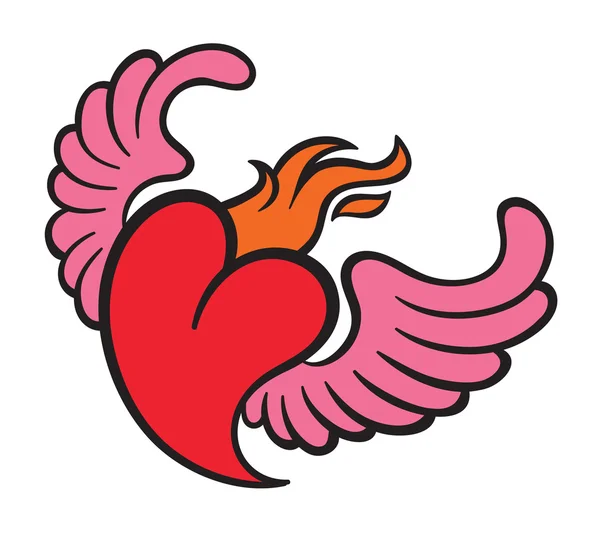 Coeur de flamme brûlant avec des ailes — Image vectorielle