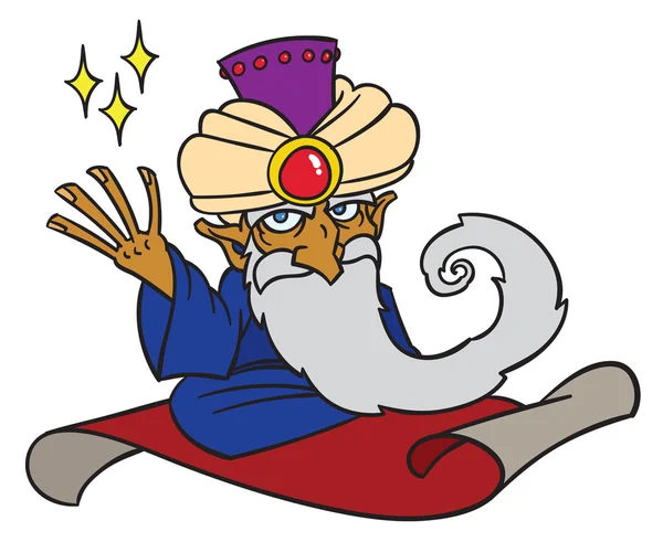 Cartoon Magician sul tappeto magico — Vettoriale Stock