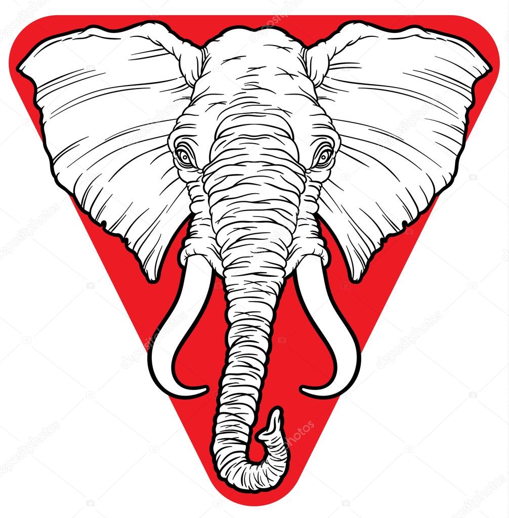 Vector hand drawn illustration with cartoon outline African elephant head isolated on white background