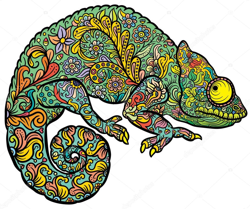 Zentangle stylized multi coloured Chameleon