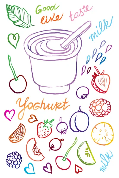 Yogurt with different fruits — Stock Vector