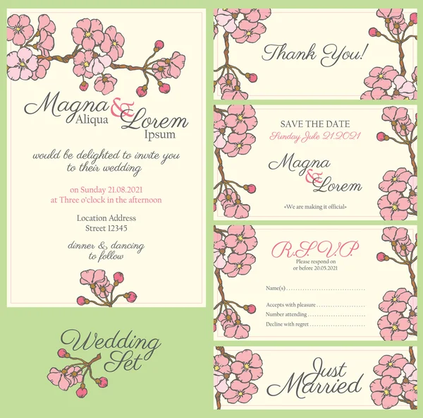 Tarjetas de boda con flores de sakura — Vector de stock