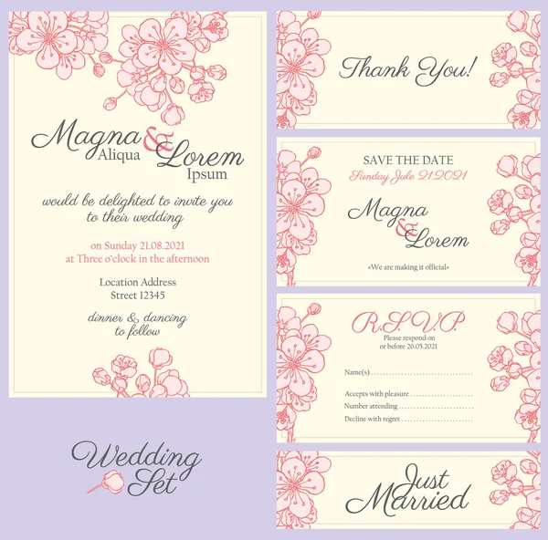 Tarjetas de boda con flores de sakura — Vector de stock
