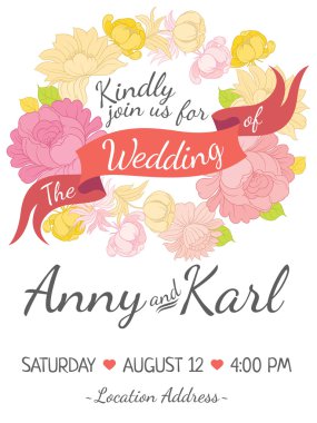 Düğün kartı şerit ve çiçeklerle