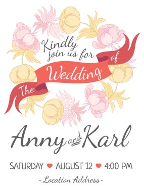 Düğün kartı şerit ve çiçeklerle