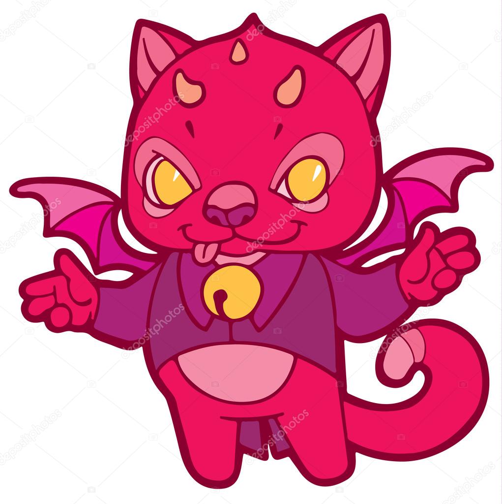 fantasy cartoon kitten with horns, wings and bells