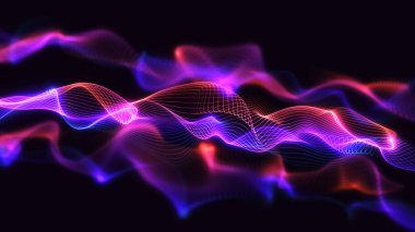 Dijital teknoloji arka plan çizimi. Parlayan dalgalı çizgi parçacıkları