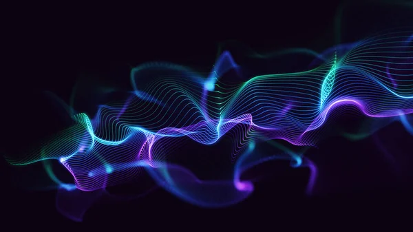 Abstract digital wavy background illustration. Colourful glowing line particles