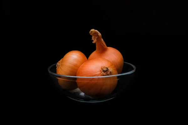 Onions Glass Bowl Dark Background — Stock Photo, Image