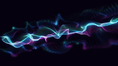 Dinamik dijital dalga çizgileri arka plan. Parlayan çok renkli çizgi parçacıkları