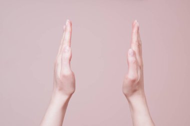 Boş kadın elleri bir şey tutuyor. Yakın çekim, kopyalama alanı. El işaretleri iletişim konsepti