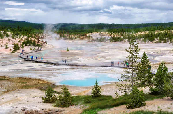 Hermosos géiseres vibrantes en Norris Basin Yellowstone después del atardecer — Foto de Stock