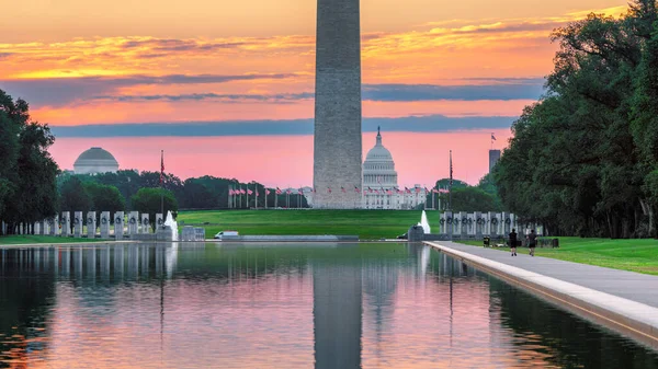 Napkelte Kilátás Washington Emlékmű Tükröző Medence Lincoln Memorial Washington Usa — Stock Fotó