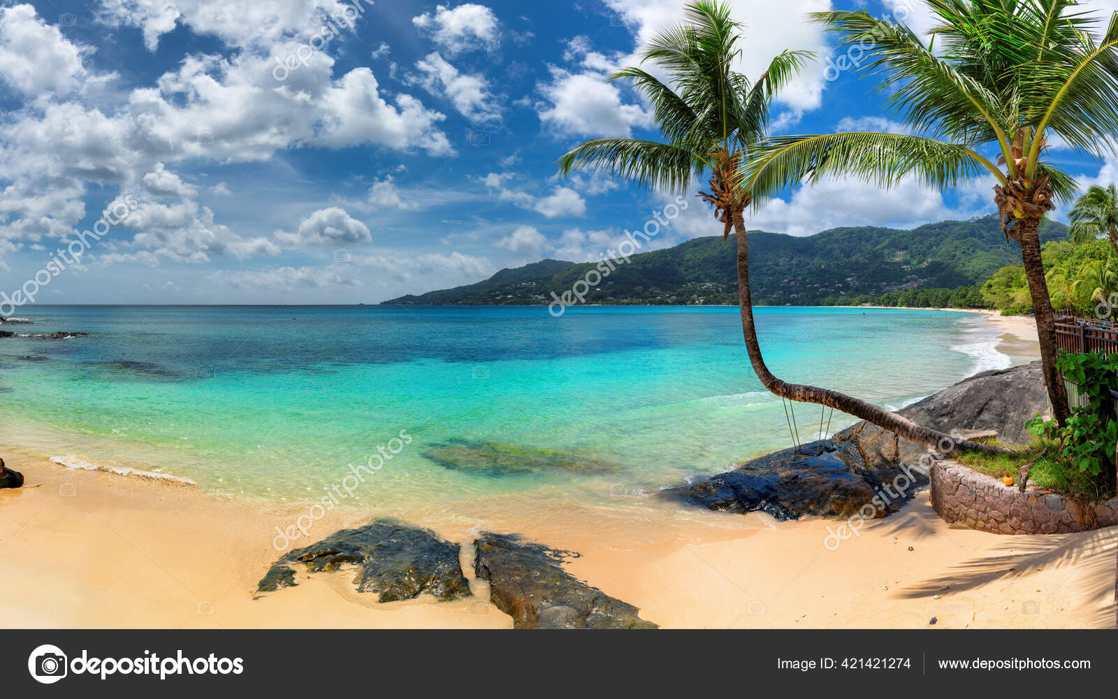 塞舌尔马埃岛美丽的beau Vallon海滩有椰子树 图库照片 C Luckyphotographer