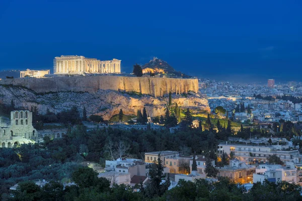 Akropolis Aten Natten Och Aten Skyline Grekland — Stockfoto