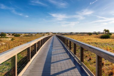 Güneşli bir günde, New Smyrna Beach, Florida 'da yükseltilmiş sahil yürüyüşü.
