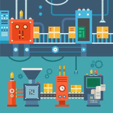 Conveyor System with Manipulators. Flat Style Vector Illustration
