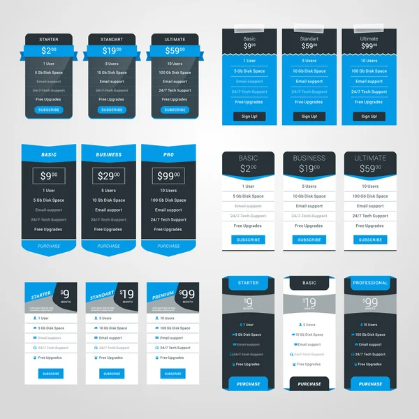 Set de șabloane de proiectare a tabelului pentru site-uri web și aplicații. Flat Style Vector Illustration — Vector de stoc