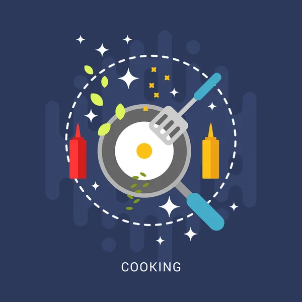 플랫 스타일 Vector Illustration with Kitchen Appliances and Food. 튀기는 팬 속의 달걀 — 스톡 벡터