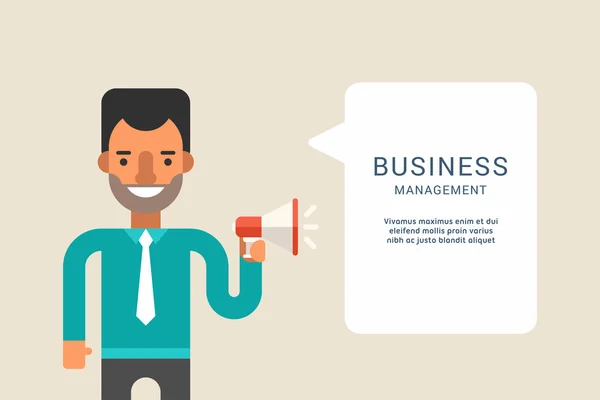 Business Concepts with Businessman Cartoon Character. Businessman with Speech Bubble. Management. Vector Illustration in Flat Design Style — 스톡 벡터