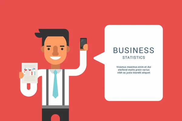 Business Concepts with Businessman Cartoon Character. Businessman with Speech Bubble. Statistics. Vector Illustration in Flat Design Style — 스톡 벡터