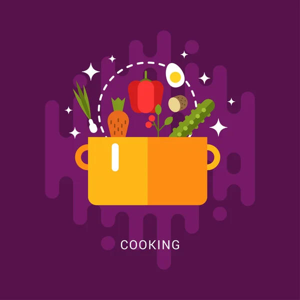 Плоский стиль Векторні ілюстрації з кухонною технікою та їжею. Суп на сковороді — стоковий вектор