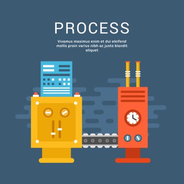 Conveyor System with Manipulators. Flat Style Vector Illustration