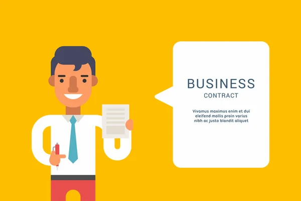 Business Concepts with Businessman Cartoon Character. Businessman with Speech Bubble. Business Contract. Vector Illustration in Flat Design Style — 图库矢量图片