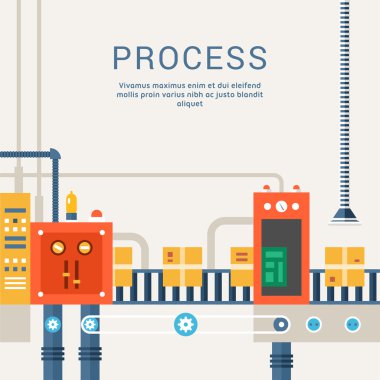Conveyor System with Manipulators. Flat Style Vector Illustration