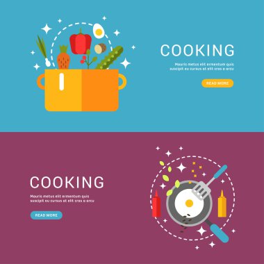Cooking Concept. Fried Eggs in a Frying Pan. Soup in the Pan. Set of Templates for Web Banners with Headline and Button. Vector Illustration in Flat Design Style