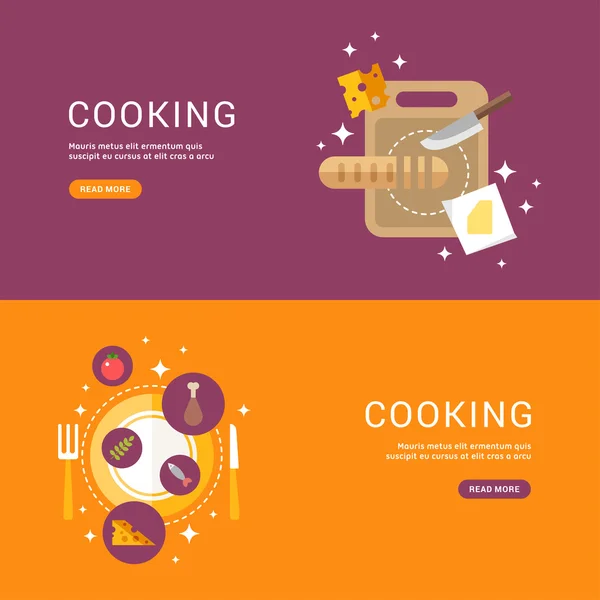 Cooking Concept. Bread on a Cutting Board. Served dish. Set of Templates for Web Banners with Headline and Button. Vector Illustration in Flat Design Style — Stock vektor