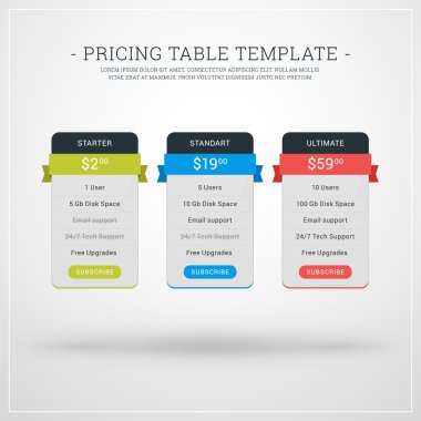 Tablo Web siteleri ve uygulamalar için fiyatlandırma için tasarım şablonu. Düz stil UI. Vektör çizim