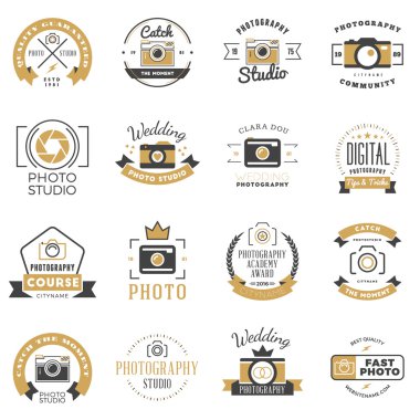 Fotoğraf Logo Tasarım Şablonlar / ayarla. Fotoğraf Retro rozetleri ve Etiketler. Siyah ve altın renkleri. Düğün fotoğrafçılığı. Fotoğraf stüdyosu. Kamera mağazasını. Fotoğraf topluluk