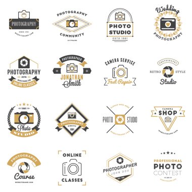 Fotoğraf Logo Tasarım Şablonlar / ayarla. Fotoğraf Retro rozetleri ve Etiketler. Siyah ve altın renkleri. Düğün fotoğrafçılığı. Fotoğraf stüdyosu. Kamera mağazasını. Fotoğraf topluluk