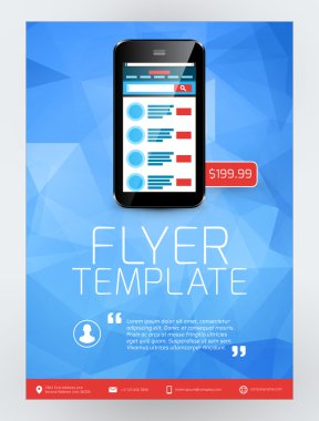 Vektör iş el ilanı tasarım şablonu için mobil uygulama veya yeni Smartphone. Vektör broşür tasarım düzeni şablonu. Kırmızı ve mavi renkler