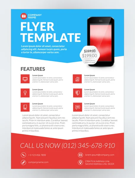 Vektor Business Flyer Design-Vorlage für mobile Anwendung oder neues Smartphone. Vektor-Broschüre Design-Layout-Vorlage. rote und blaue Farben — Stockvektor
