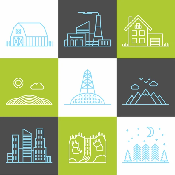 Set of Flat Style Line Art Vector Illustrations for Different Landscapes, City and Rural Buildings, Mountains and Trees — 图库矢量图片