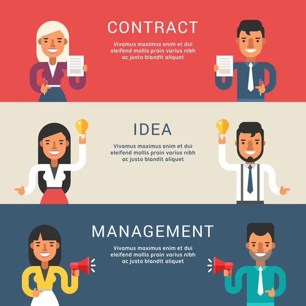 Set of Business Concepts for Web Banners with Cartoon Businessman Character. Contract, Idea, Management. Vector Illustration in Flat Design Style — Stockový vektor
