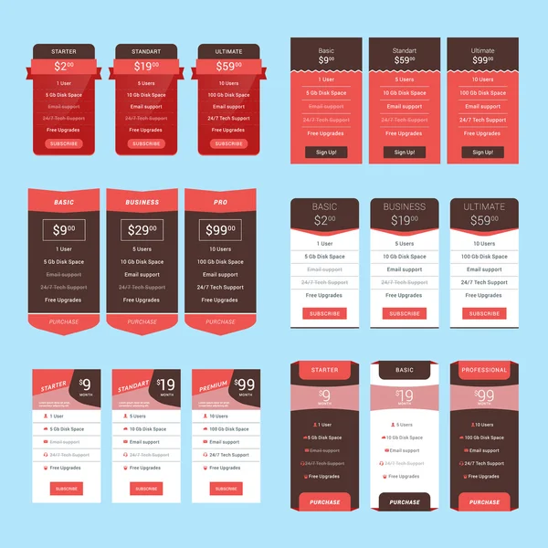 Set of Pricing Table Design Templates for Websites and Applications (dalam bahasa Inggris). Ilustrasi Vektor Gaya Datar - Stok Vektor