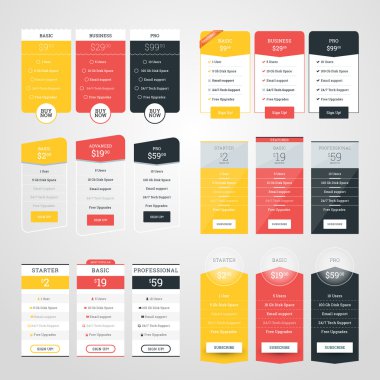 Set of Pricing Table Design Templates for Websites and Applications. Flat Style Vector Illustration