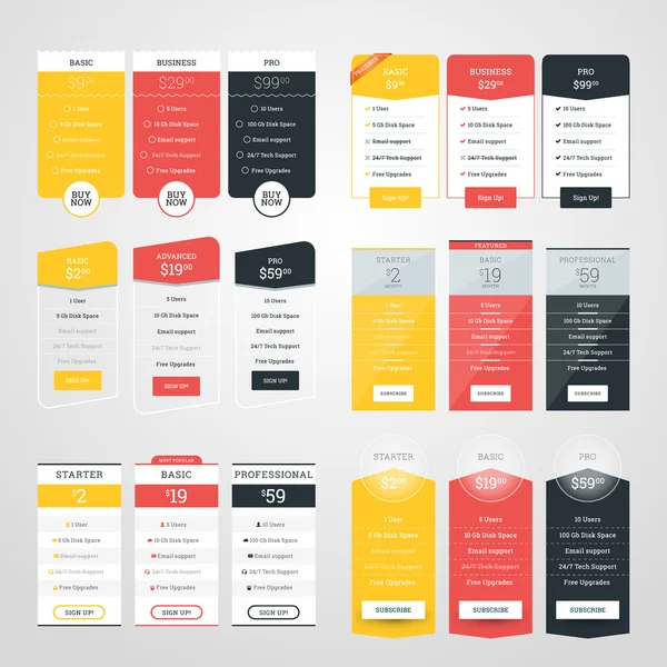 Conjunto de plantillas de diseño de tablas de precios para sitios web y aplicaciones. Estilo plano Vector Ilustración — Vector de stock