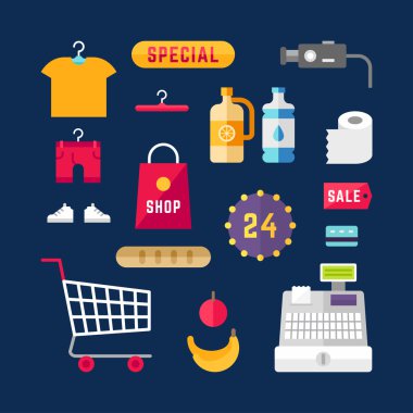 Shopping and Sale. Set of Flat Style Vector Illustrations and Icons