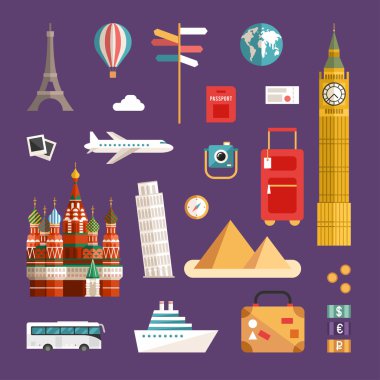 Turizm Konsept Çizimler ve Simgeler Seti. Tatil Düz Stil Vektör Simgeleri. Dünyanın Manzaraları