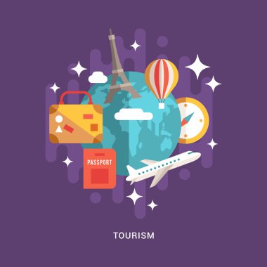 Turizm Konsepti. Düz Stil Vektör İllüstrasyon. Seyahat Düz Simgeler ve Tasarım Elemanları ile Globe