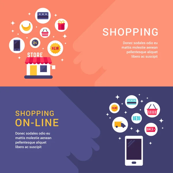 Shopping and Shopping Online Concept Illustration. Web Banner Template. Vector Flat Style Illustration and Icons — Stock Vector