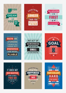 İlham ve motivasyon tırnak tipografik posterler kümesi. Vektör çizim düz tarzı. Vektör alıntı. Poster şablonu